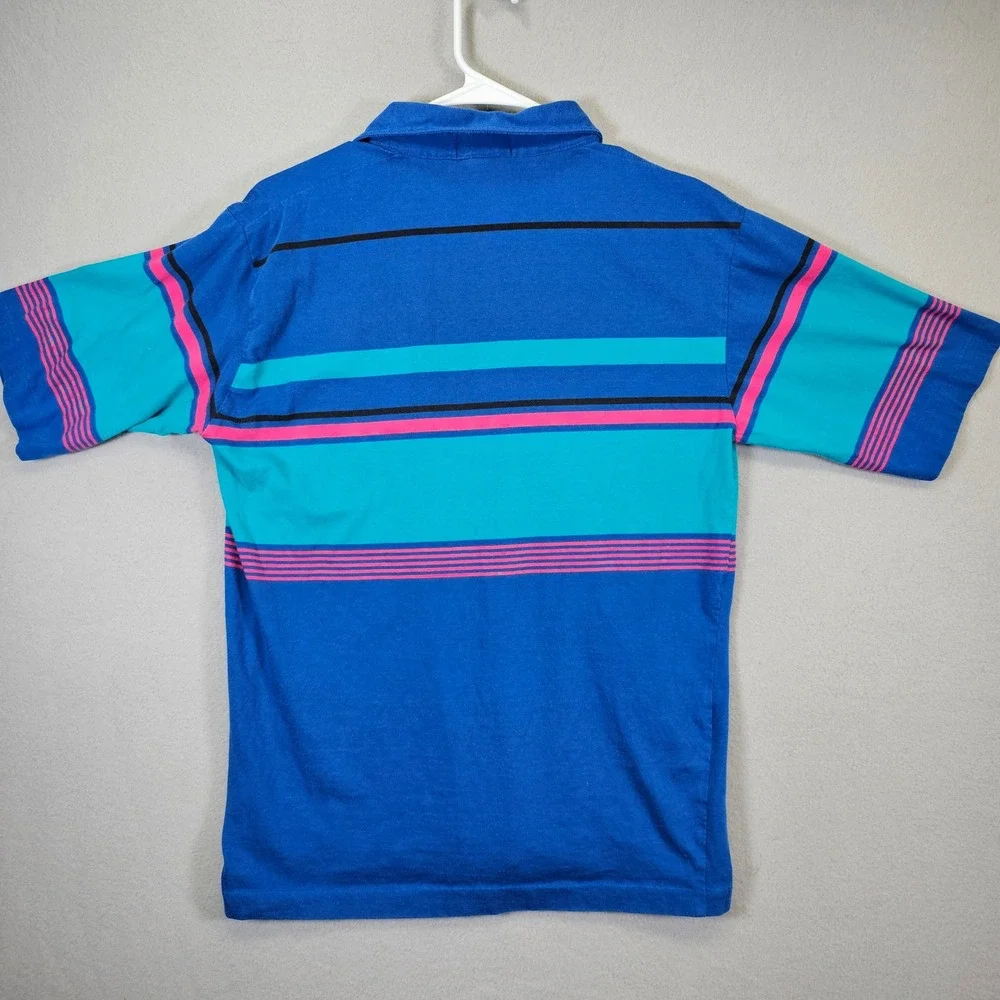 Par Four Mens Polo Shirt Medium Blue Teal Pink Striped Short Sleeve Cottontail - Picture 2 of 6